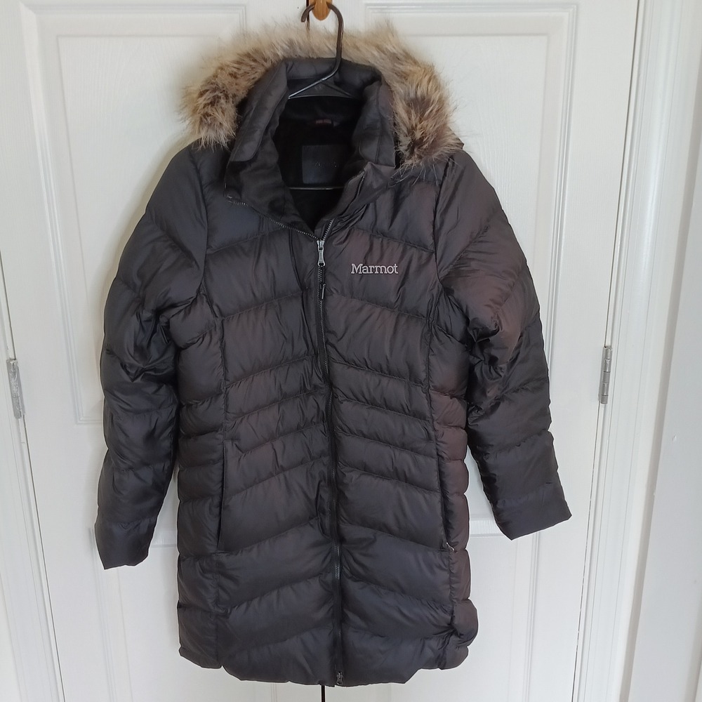 Marmot Montreaux Down Coat Women M Black Excellent 700 Fill Faux Fur Hood 78570